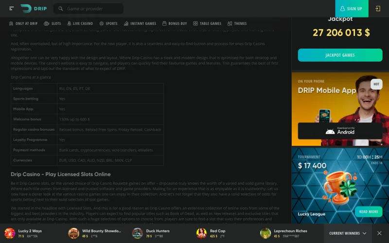 Drip Casino specification table listing payment methods and currencies