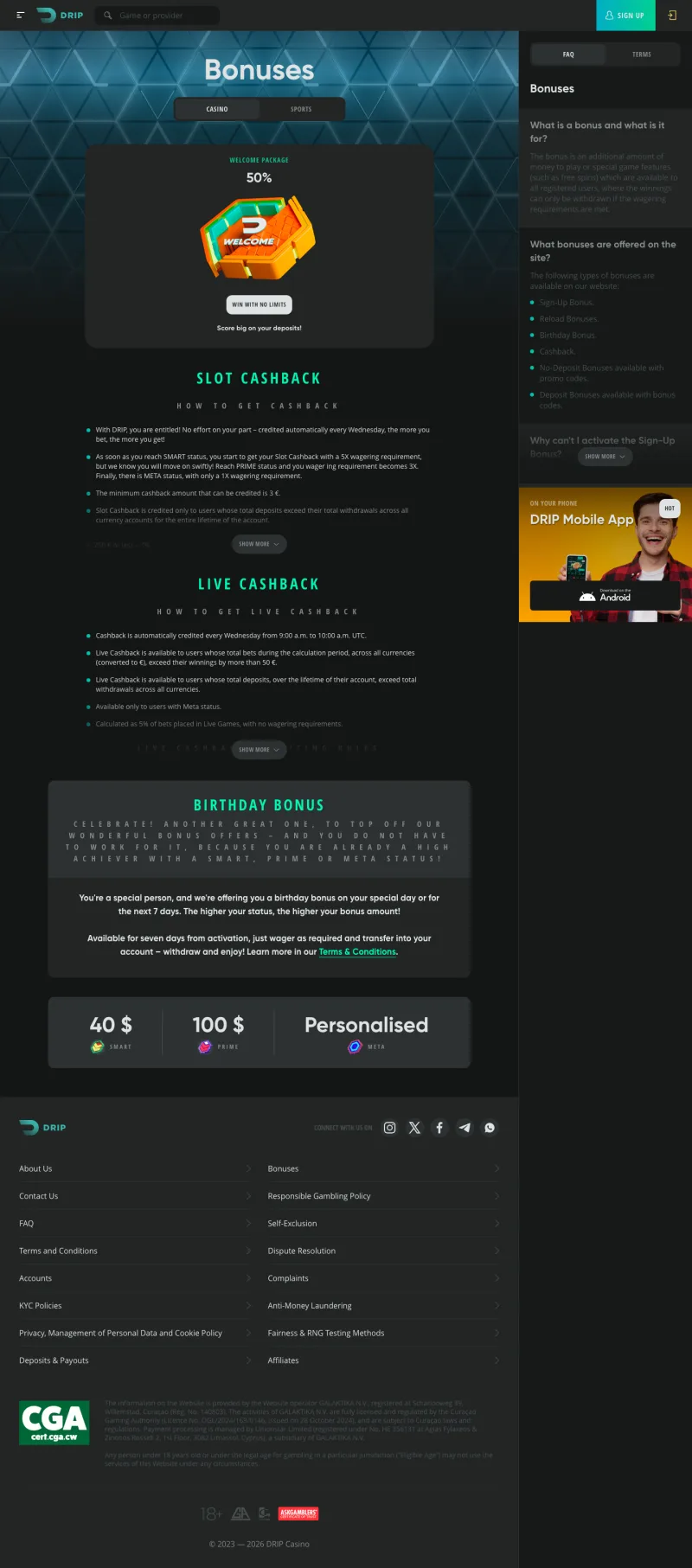 Drip Casino bonuses page with the welcome package, cashback and status tiers