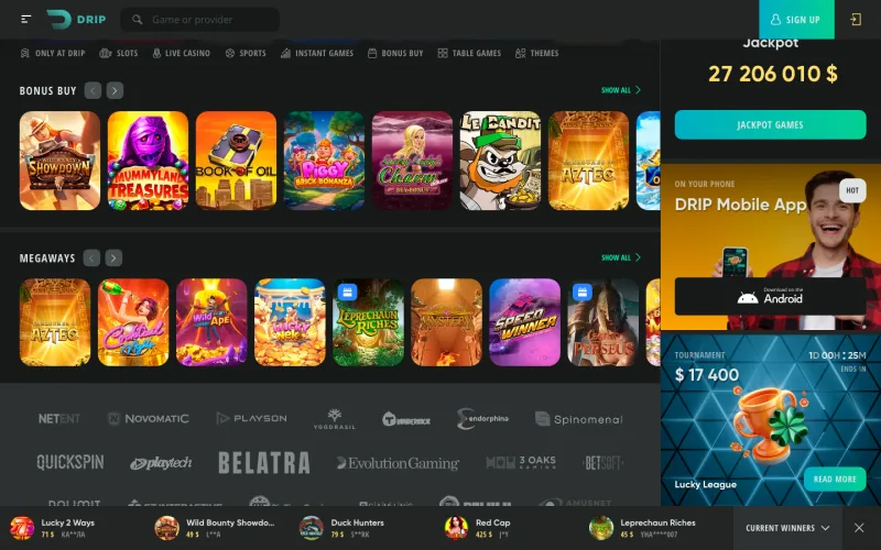 A slice of Drip Casino game rows and the provider logo wall