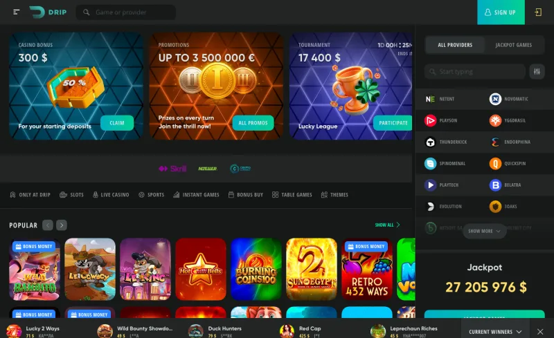 Drip Casino homepage with promo banners, game providers and the jackpot total
