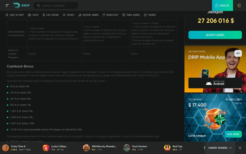 Drip Casino SMART, PRIME and META loyalty tiers with weekly cashback